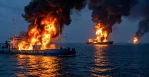 Палаючі танкери тіньового флоту РФ після удару дронів ЗСУ