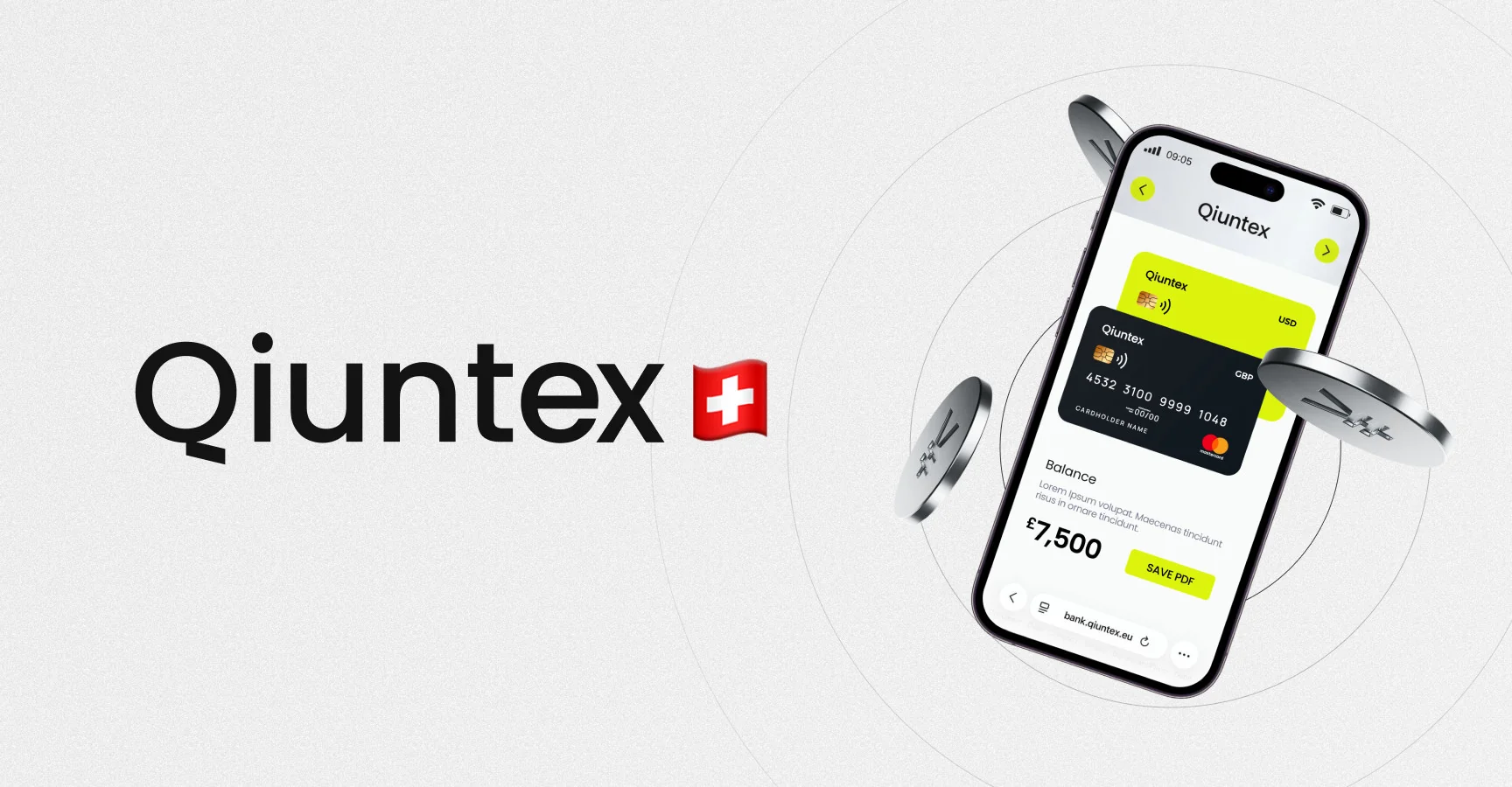 Платформа Qiuntex с приложением для криптокарт и швейцарским флагом