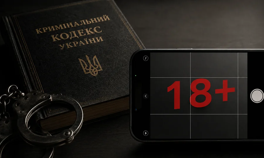 Кримінальний кодекс України з наручниками та позначкою 18+ на смартфоні