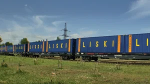 Вантажний потяг із синіми контейнерами LISKI на коліях серед зелені